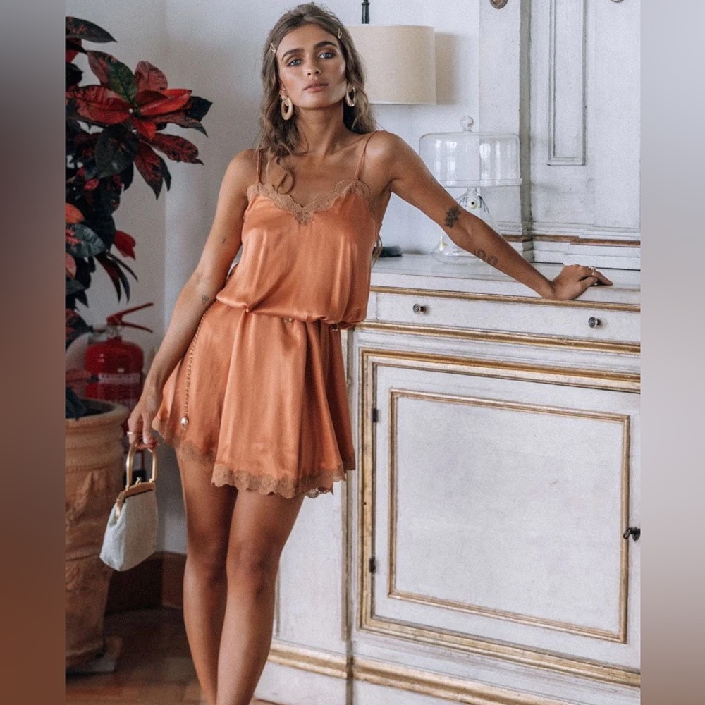 SPELL Rizzo Silk Babydoll Dress Copper